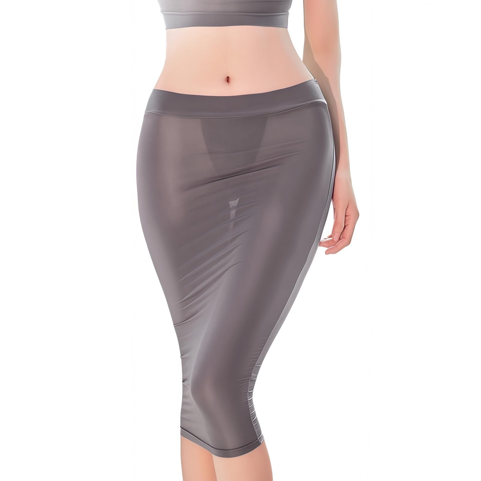 Manjiamei Women's Grey Glossy Bodycon Midi Skirts Sexy See Through Pencil Skirts Elastic Shiny Wet Look Y2k Plain Hip Skirt For Rave Party Nightclub Clubwear,