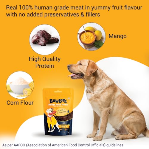Image of Bowlers Dog Treats Mango Meat Jerky| 70g (Pack of 5) | High on Protien |Low in Fat | Grain Free | Handmade Treats