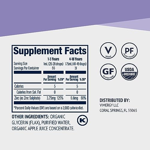 Image of VIMERGY Kids USDA Organic Liquid Zinc Sulfate - for Children & Adolescence 1-18 Years Old, Fast-Absorbing Immune Support* - Promotes Healthy Bones, Hair & Skin, Vegan, Non-GMO - 55 mL