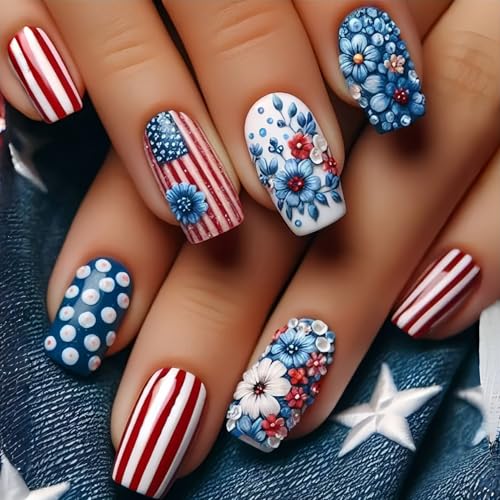 24Pcs Independence Day Flower Press on Nails Medium Square Red White Stripes Design Artificial Coffin Nails 4th of July Full Cover Holiday Press Ons Stick on Nail Acrylic Glue on Nails for Women