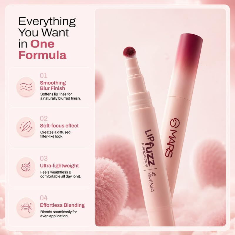 Image of MARS Lip Fuzz Blurring Lip Cream with Cushion Tip Applicator | Paraben-Free | Air-Soft Matte Lipstick | Blurred Finish | One Swipe High Color Payoff | 3 ml (01-BARE HUG)