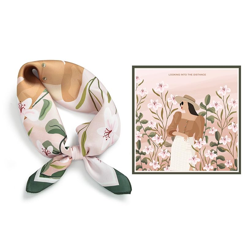 GIMIRO Foulard en Soie Synthétique, 53 x 53 cm, Motif Floral Jaune et Vert, Style Élégant (Khaki Fleurs autour de la fille)