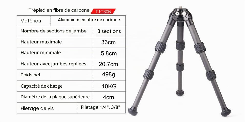 Sunwayfoto Mini pieds de trépied en fibre de carbone T1C30N CF Sunway