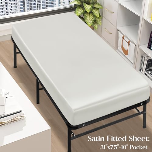 Image of SiinvdaBZX 4-Piece Cot Sheet Set 31 inch x 75 inch, Ivory White Satin Cot Size Sheets Silky Soft Rv Bunk Bed Sheets for Narrow Twin /Camp Bunk /Guest Beds /Army Cots /Trifold Mattress
