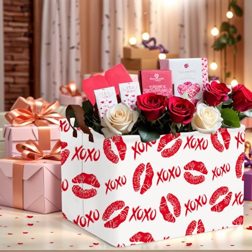 Image of Valentine's Day Basket for Gifts Empty Cute Heart Large Gift Basket Decorative Storage Bin for Kid and Baby Room Decor (XOXO Red Lips)