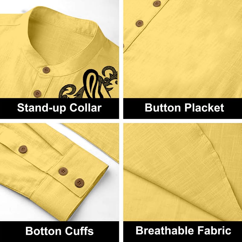 Image of Cotton Blend Self Design Printed Casual Short Kurta for Men Long Sleeve Mandarin Collar Stylish Kurta Shirt for Men