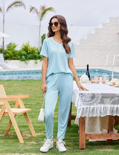 Image of Ekouaer Pajamas for Women Set 2 Piece Fall Lounge Sets Short Sleeve Pjs Joggers Long Pants Sleepwear with Pockets