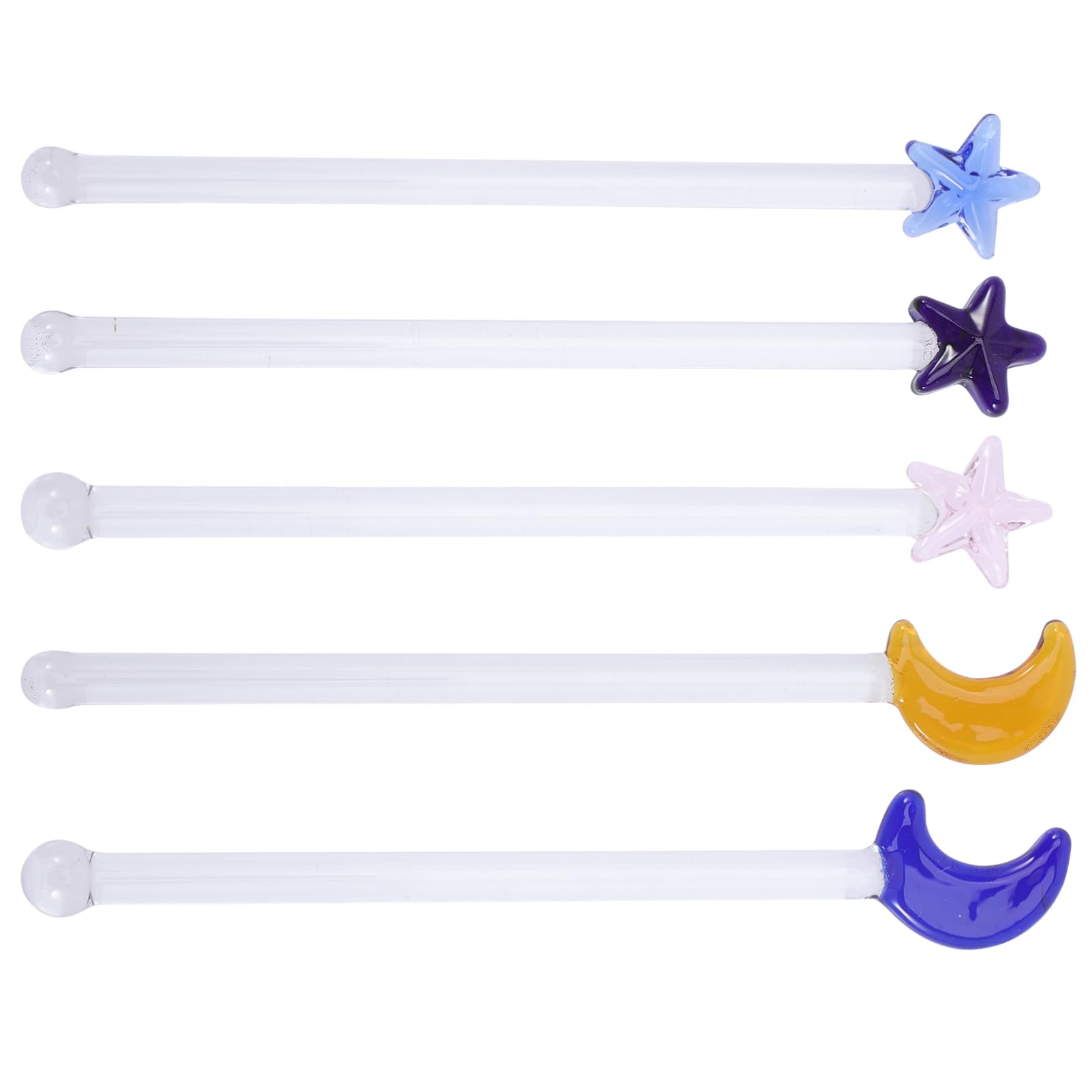 VOSAREA 5Pcs Glass Drink Stirrers Creative Swizzle Sticks for Juice and Cocktails Includes Star and Moon Designs Easy to Clean for Home Bars and Parties