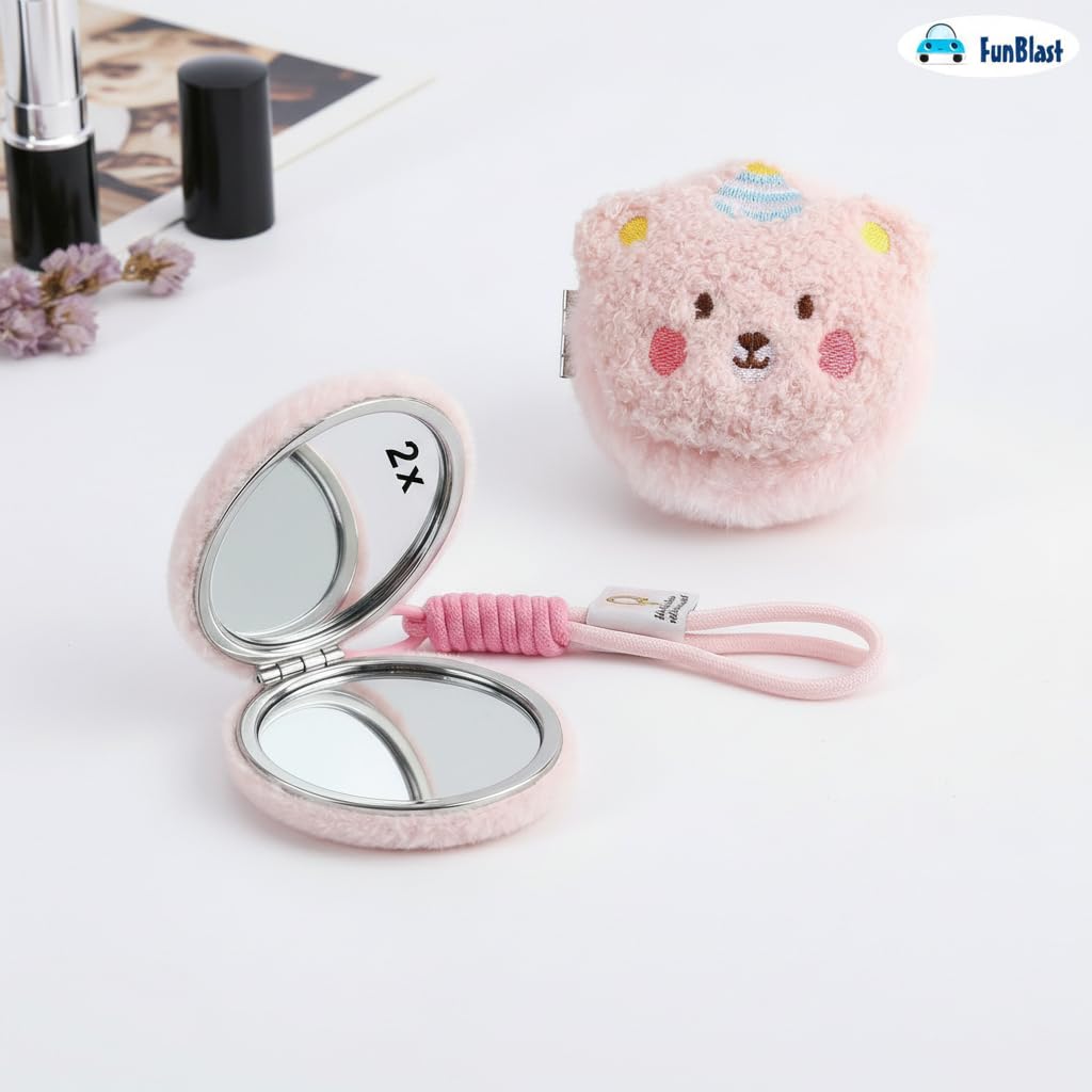FunBlast Cute Bear Plush Compact Mirror for Girls – Dual Side Portable Pocket Makeup Mirror with Hanging Strap and 1X & 2X Magnification, Lightweight Travel Mirror for Kids, Teens & Women (Pink) 2