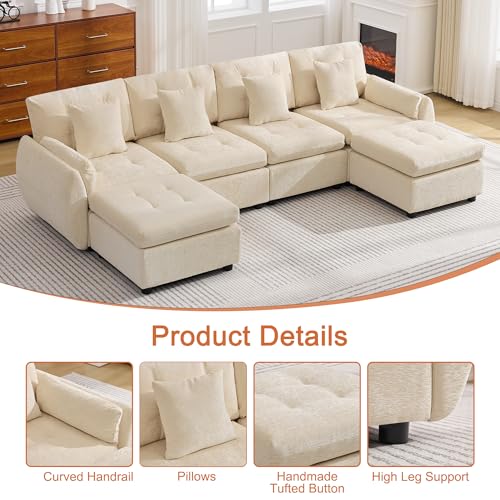 Image of 112 inch U Shaped Modular Sectional Cloud Sofa with 2 Ottomans, Oversized Deep Seat Tufted Chenille 6-Seater Couch with Curved Arms, Upholstered Sofas for Living Room, Beige