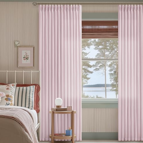 Image of Light Pink Pinch Pleated Semi Sheer Curtains 84 Inch Long for Girls Bedroom | Living Room Nursery, Soft Thick Flax Linen Textured, Boho, Hook Rings Memory Shape, Dusty Pink, Light Filtering Semi Sheer