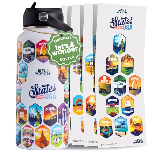 LET'S WANDER 50 States Water Bottle with Waterproof Stickers - 32oz Leakproof Insulated Stainless Steel with Straw - States of the USA Gift Bottle (White)
