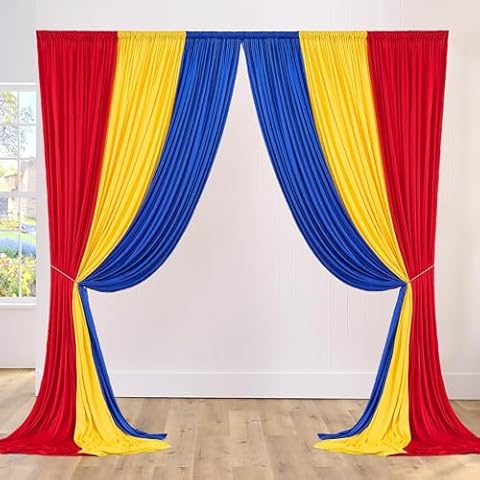 Htper 30ft x 10ft Royal Blue Red Yellow Backdrop Curtains 6 Panels 5ftx10ft Polyester Rod Pocket Photo Backdrop Drapes Wrinkle Free Background for Birthday Party Baby Shower Cover