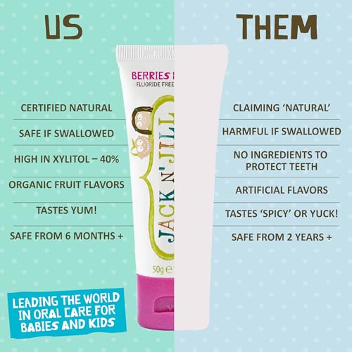 jack n39 jill natural toothpaste for kids - fluoride free toothpaste safe to swallow 40 xylitol bpa free - 176 oz variety pack of 5