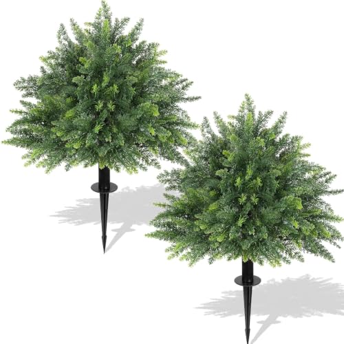24.5" Set of 2 Artificial Cedar Topiary Ball Trees with Ground Spike - image 1