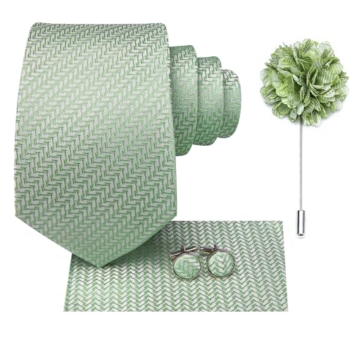 Image of Hi-Tie Men Ties Set Woven Necktie and Lapel Pin Pocket Square Cufflinks Sets Formal Business Wedding,Sage Green