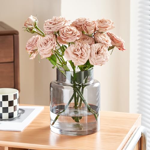 YHOMBES ガラス 花瓶 大 おしゃれ フラワーベース 大きめ 透明 花器 水栽培 生け花 造花 おしゃれ シンプル インテリア 花瓶 オシャレ(グレー 小 (高さ:18cm))