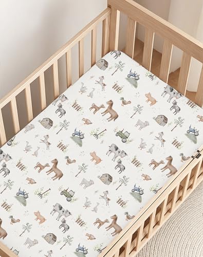 Image of Pack and Play Sheets 2 Pack, Fitted Jersey Knit Mini Crib Sheets for Baby Boys and Girls, Compatible with Graco Pack N Play and Mini Crib Mattress (Little Farm, Pack N Play /Mini Crib Sheets)