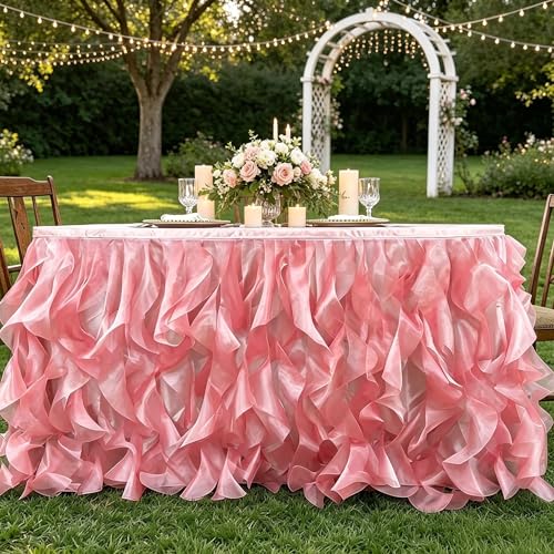 Image of Luxury Organza Mesh Table Skirt Draping Floating Romance - Perfect for Bridal Showers, Birthday Weddings - Clear Flowing Decoration for a Wonderful Main Cake Table (Watermelon Red-6ft, 72 inchLx30 inchH)