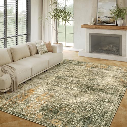 PureCozy Area Rug 6x9 Brown Washable Non-Slip Lightweight Floral Vintage Distress Print Rug for Living Room Low Pile Soft Throw Indoor Carpet for Office College Dorm Laundry Dining Room Bedroom
