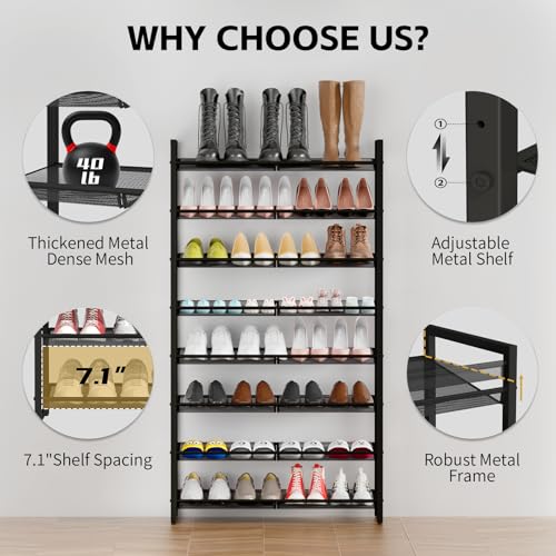 Image of Shoe Rack, 8-Tier Metal Shoe Organizer, Tall Shoe Rack for Closet,entryway,Garage, with Adjustable Flat or Angled Shelves, 32-40 Pairs,Shoes that can accommodate the Whole Family.