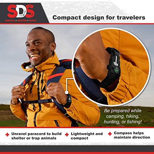 Sds Survival Paracord Bracelet - 2Pk Black Emergency Whistle Hiking Compass Camping Fire Starter Kit Tactical Bracelet #TOP4
