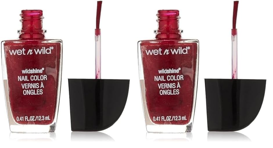 Wet n Wild - Wild Shine Nail Color - Esmalte de Uñas de Secado Rápido - Pintauñas Rojo Metalizado de Larga Duración - Acabado Brillante, Textura y Efecto Fabuloso - Burgundy Frost (Paquete de 2)