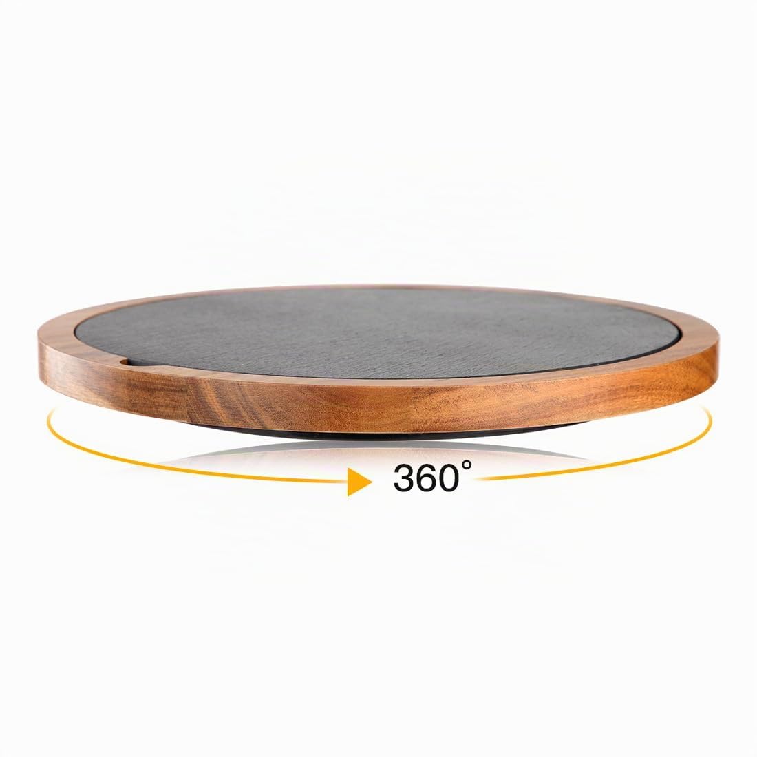 Plateau de service en bois d'acacia rotatif à 360° avec plateau en ardoise | Plateau à fromage rustique, planche à steak, plaque de grill et planche à sushi | Idéal pour la viande, le