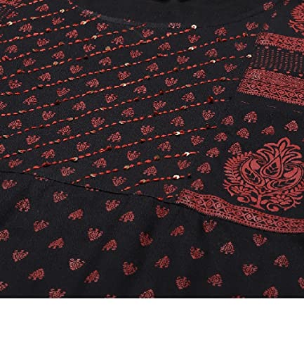 Image of Women's Floral Printed Anarkali Kurta Black Rayon A-Line Kurti for Girls