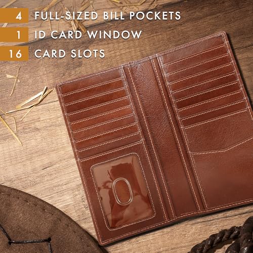 Image of ELIZO Men's Genuine Leather Long Wallet - RFID Blocking Rodeo Checkbook Wallet | Slim Western Bifold Wallet with 16 Card Slots, ID Window | Top Grain Leather Cowboy Wallet | Tequila