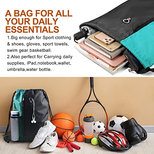 Image of Drawstring Backpack Sports Gym Bag for Women Men Large Lightweight Backpack with Zipper and Water Bottle Mesh Pockets (Black /Teal)