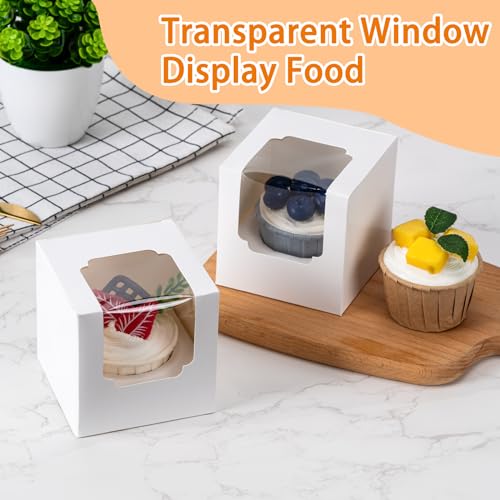 Image of BOOMIBOO 200 Pack Individual Cupcake Containers, Cupcake Boxes with Window, Food Grade Cupcake Holders with Inserts, Stackable Deep Cupcake Carrier (White)
