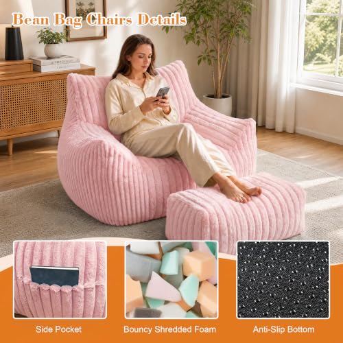 LaoGeoRon Giant Bean Bag Chairs for Adults, Large Plush Bean Bag Chair with Armrests & Ottoman, Living Room Beanbag Chair with Memory Foam Filled, Vacuum-Compressed for Easy Gifting, Pink - Image 3
