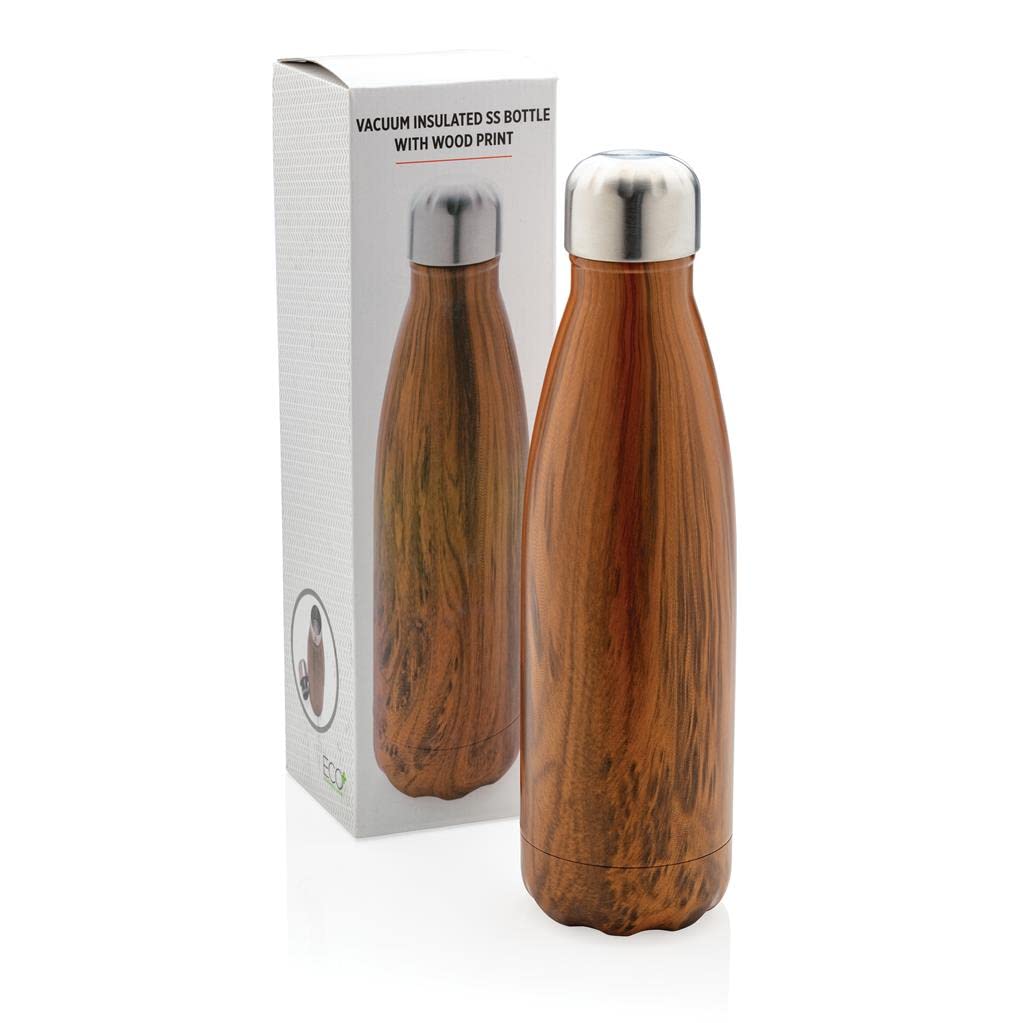 Hans Larsen Double Wall Stainless Steel Water Bottle with Wood Print (Brown)