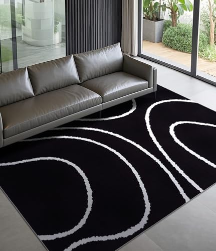 YIHOUSE Black Modern Area Rug 5x7,Abstract Rugs for Bedroom,Black and White Geometric Rug,Minimalist Wave Rug,Dark Washable Area Rugs 5x7 Non Slip Throw Rugs for Bedroom，Office
