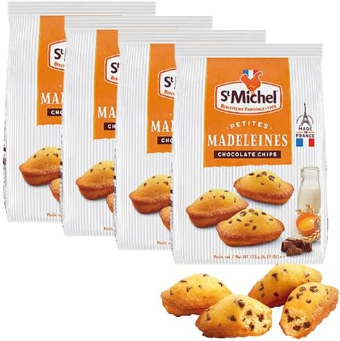 St Michel Mini Chocolate Chip Madeleines French Sponge Cakes Made in France, Pack of 4 (2.64 oz each) Non-GMO