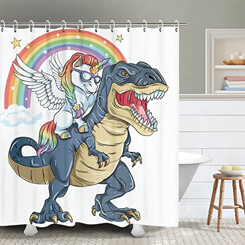 RosieLily-Funny-Shower-Curtain-Dinosaur-Shower-Curtains-Set-with-12-Hooks-Unicorn-Shower-Curtain-Kids-Bathroom-Decor-72x72