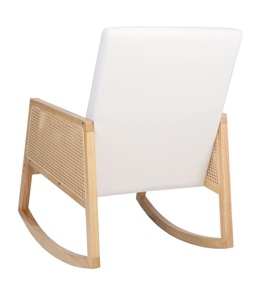SWEET SOFA® - Butaca Mecedora de Madera y ratán Sofia, Estilo Boho Chic, tapizado Antimanchas. 96x66x82 cm. (Crema/Madera Clara)