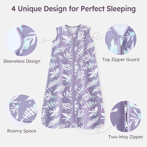 Image of Baby Sleep Sack 0-6 Months 3 Pack 100% Cotton Lightweight 0.5 TOG Wearable Blanket Baby Sleep Bag with 2-Way Zipper for Newborn Infant Purple Leaf