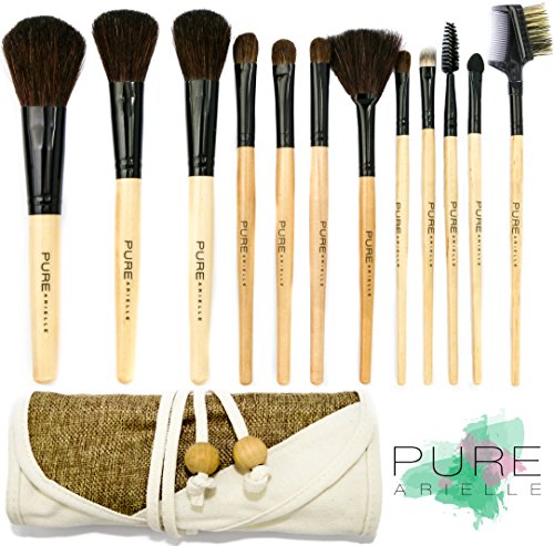 Pure Arielle 12 Piece All Natural Makeup Brush Set - Bamboo Handle Pcs - Stylish Make up Brushes Set Includes Free Cloth Organizer Case / Bag
