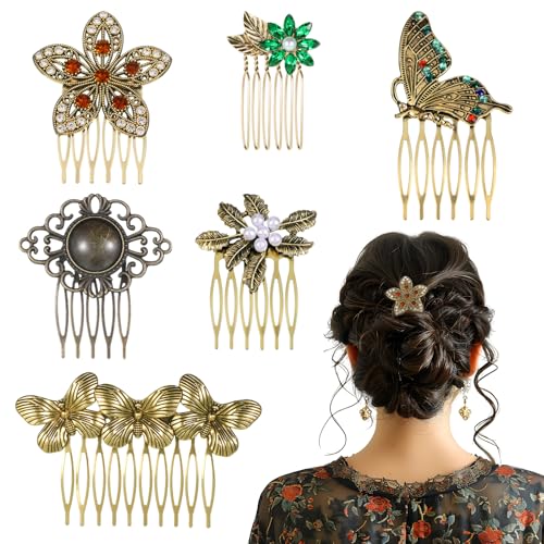 Tucnoeu 6 Pack Vintage Hair Side Combs for Women, Decorative Butterfly Flower Leaf Pearl Rhinestone Metal Hair Comb with Teeth Grip, Crystal Bridal Hair Piece Pins for Wedding Accessories