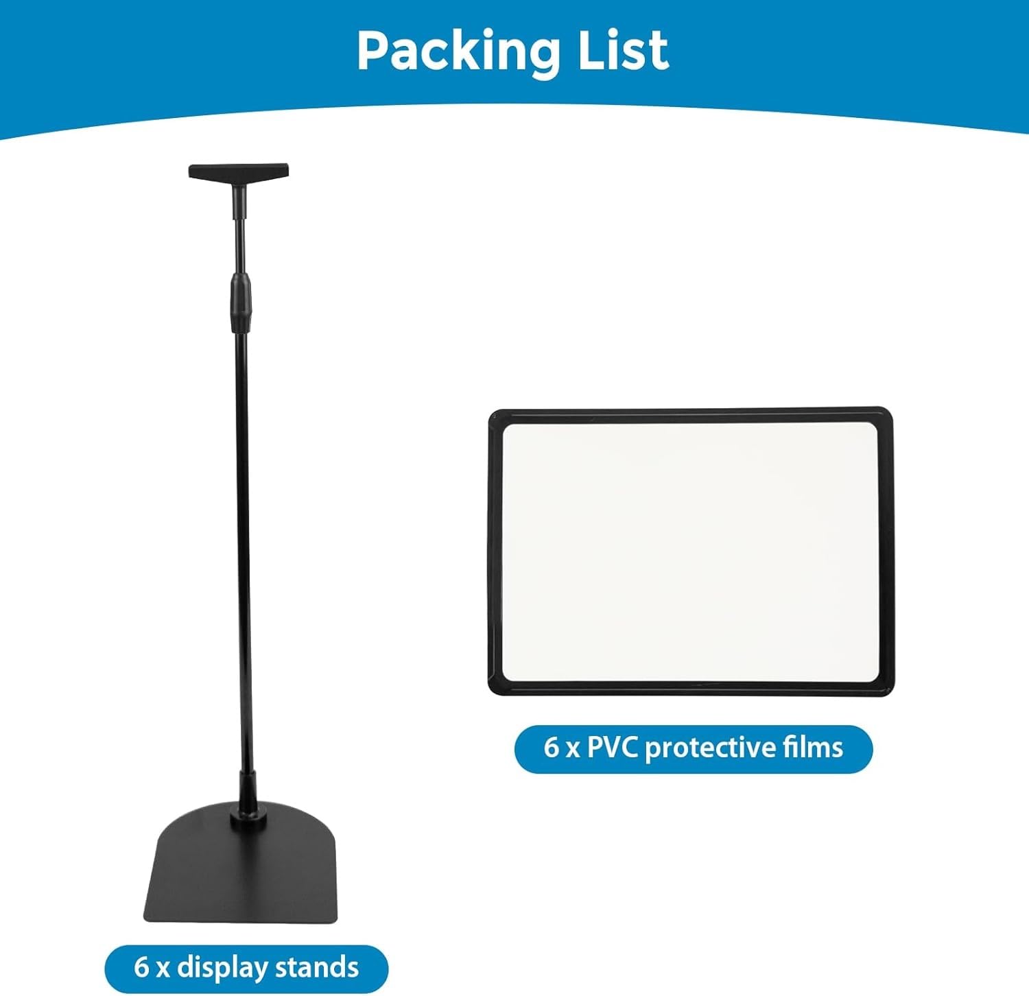 JAOGAUS Set da 6 porta poster A4, espositore regolabile 60-100 cm con base stabile da pavimento, supporto in metallo per menu ristorante, porta menu da tavolo, leggio, bacheca sughero e cavalletto
