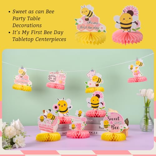 Image of 9pcs Happy 1st Bee Day Honeycomb Centerpieces Bumble Bee First Birthday Party Table Decorations Pink It's My 1st Bee Day Table Centerpiece for Girl Baby Shower Sweet as can Bee Table Topper Sign Decor