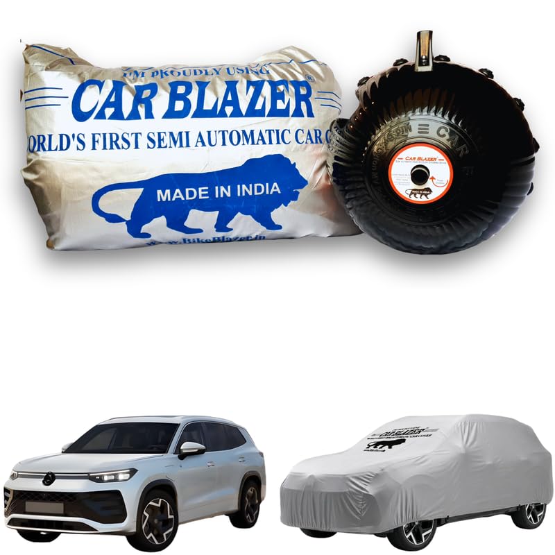 Image of CARBLAZER Portable & Semi-Automatic Full Body Car Covers - Heavy Duty Device | Dust Proof | UV Safe | Water Resistant | Anti-Theft & Scratch Proof Covers, Compatible for Tayron R-Line - Silver