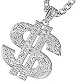 Riuziyi Gold Plated Chain with Crystal Dollar Sign Pendant Necklace, Hip Hop Chain Money Charm Necklace for Men 31.5 Inch (Silver)