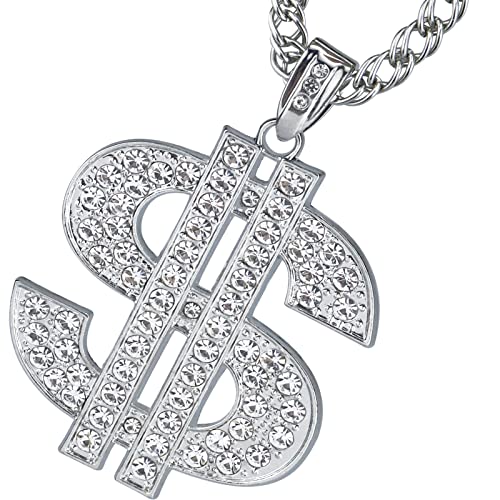 Riuziyi Gold Plated Chain with Crystal Dollar Sign Pendant Necklace, Hip Hop Chain Money Charm Necklace for Men 31.5 Inch (Silver)