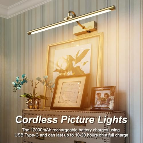 Image of Aipsun 23.6 inch Brass Picture Lights for Wall Rechargeable,12000mAh Battery Operated Art Light for Paintings,3CCT Dimmable, Rotatable Gallery Light for Pictures Display