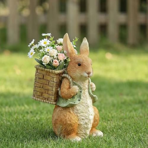 CHERISHOME Rabbit Statue Garden Ornaments Outdoor, 32CM Resin Animals for Home Decoration Easter Decorations Home, Birthday Gifts for Mum, Gardening Gifts for Women (Woven Basket)
