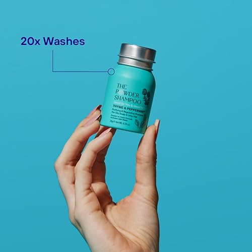Miniatura 4 de Champú purificador en polvo espumoso para cabello graso, 20 lavados, vegano, ecológico, menta, tomillo, 0.7 mini botella de aluminio