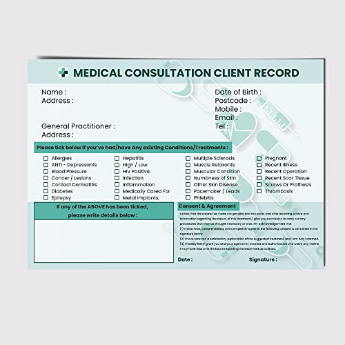 Pack of 50 Landscape A5 Client Record Cards (148 x 210 mm) Medical Client Record Card Treatment Consultation Form for Mobile Therapists & Salons Papa Prints®